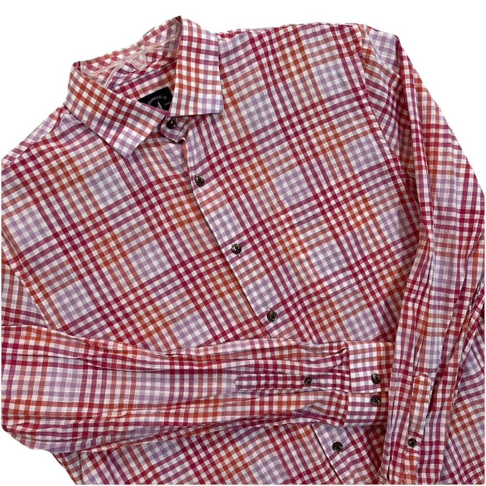 Johnnie O Shirt Mens Large‎ Pink Orange Multi  Button Down "linen-like" EUC Prep